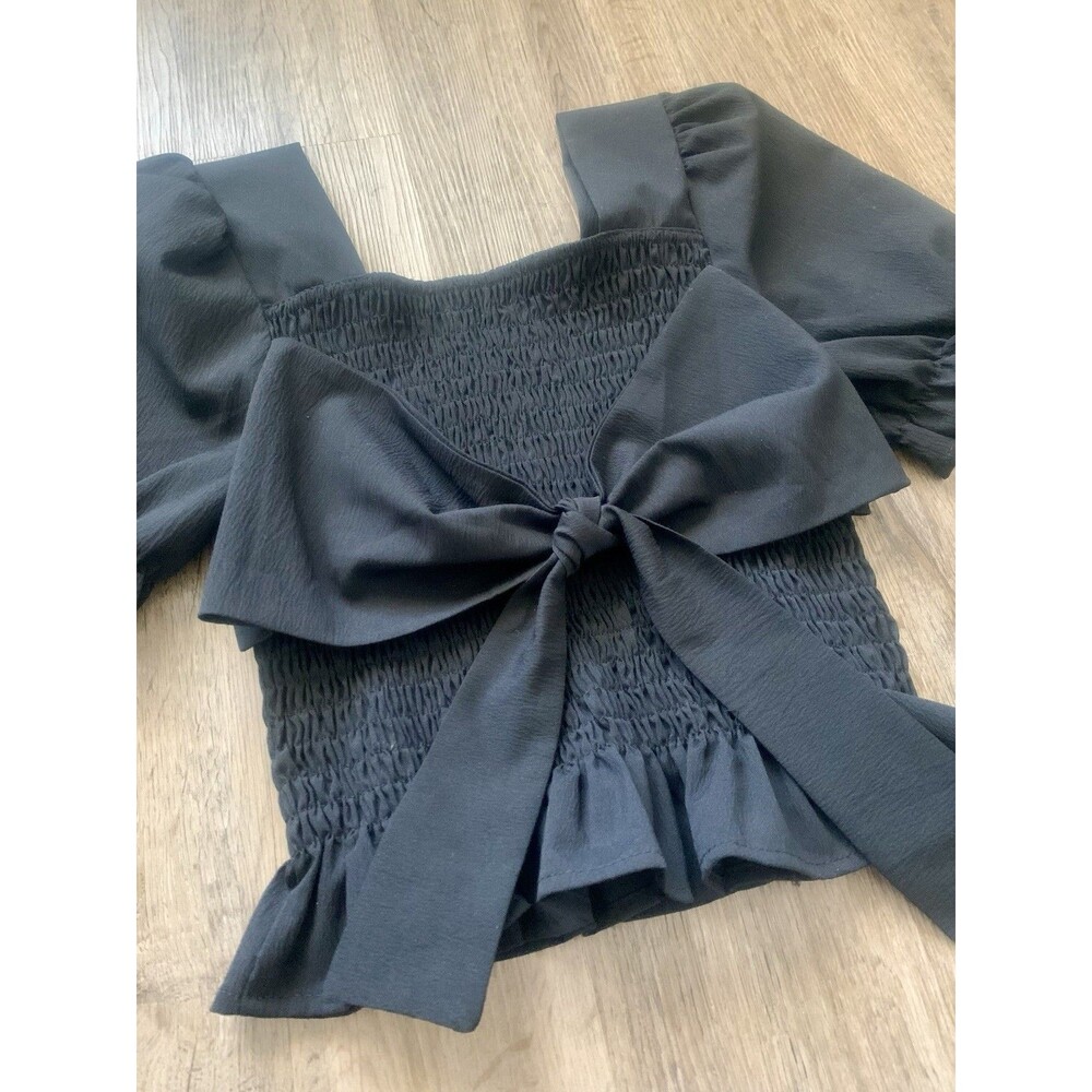 NWOT Black Smocked Puff Short Sleeve Bow Cropped Blouse Y2K Whimsical Babydoll
